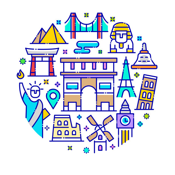 世界著名地标矢量插图概念。图片下载