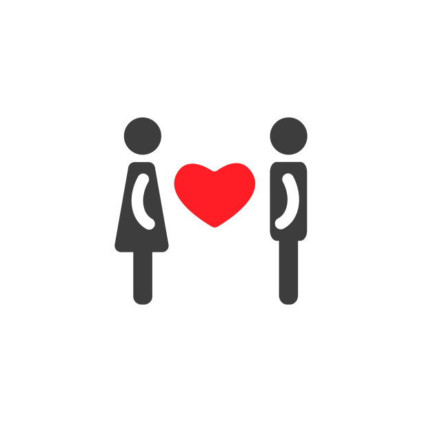 男人和女人的剪影，有着大大的红心。爱情情侣简单的图标。孤立在白色的。图片下载