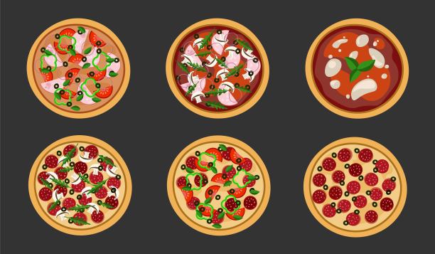 披萨设置孤立的黑色背景。图片下载