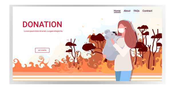 戴面具的妇女抱着考拉熊森林火灾动物死于野火丛林火灾自然灾害祈祷澳大利亚捐赠概念强烈的橙色火焰横向肖像复制空间图片下载