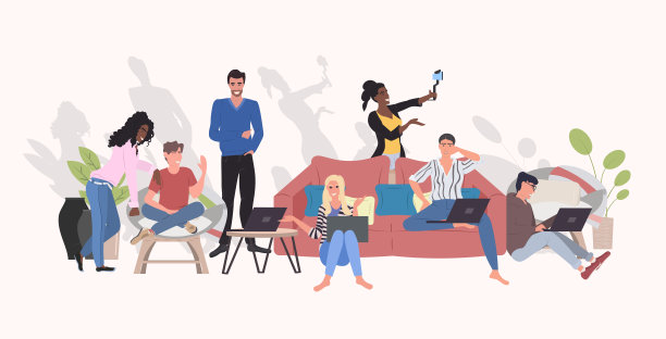 人们使用数码设备在智能手机相机上自拍照片混合种族、男性、女性流媒体直播交流博客概念水平全长图片下载