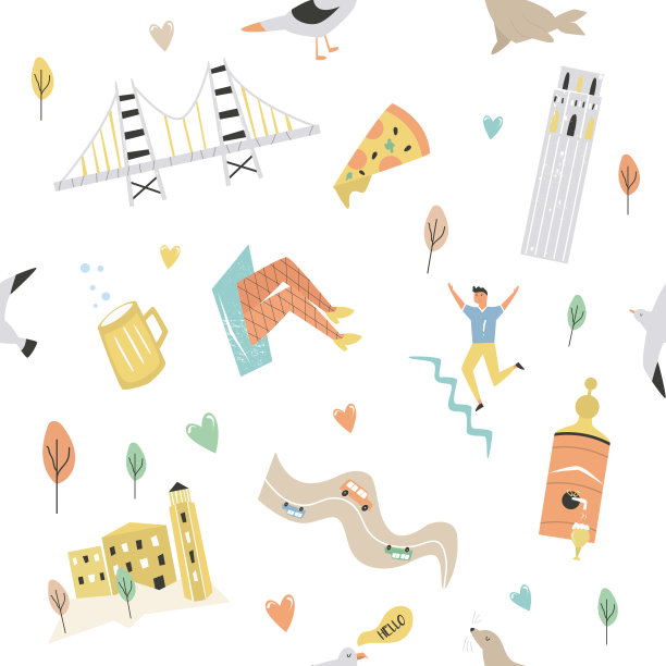 手绘无缝模式与旧金山地标和符号。矢量插图的服装，纺织品，横幅图片下载