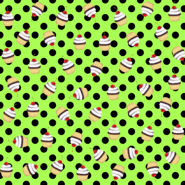甜美的樱桃纸杯蛋糕和绿色背景上的黑点图片下载
