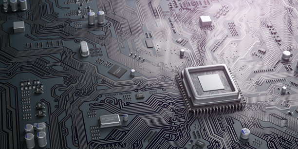 电路板上的PU芯片。黑色主板与中央处理器芯片。计算机硬件技术。图片下载