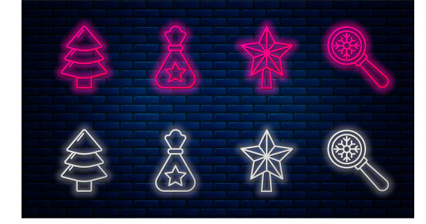 集圣诞老人礼品袋，圣诞星，圣诞树和放大镜与雪花。砖墙上发光的霓虹灯图标。向量图片下载