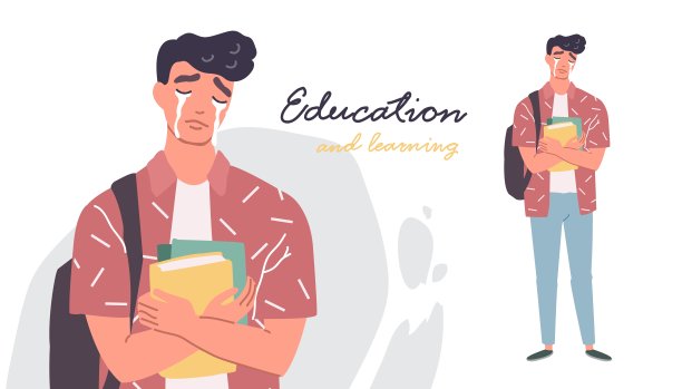 年轻人穿着休闲衣服背着书包和书哭泣图片下载