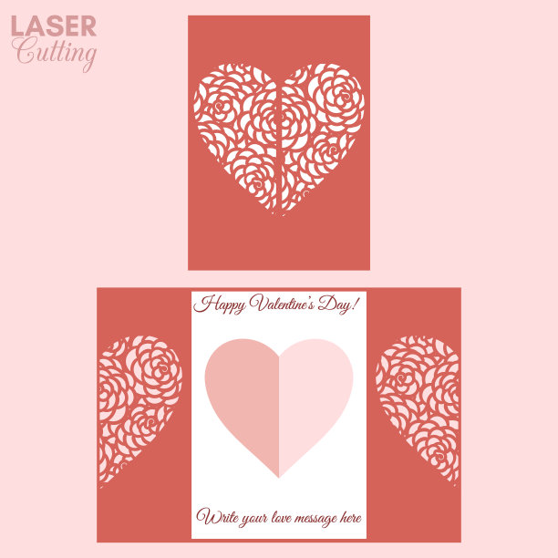 激光切割模板大门折叠卡与牡丹花图案的心宣传册，婚礼请柬或情人节贺卡。图片下载