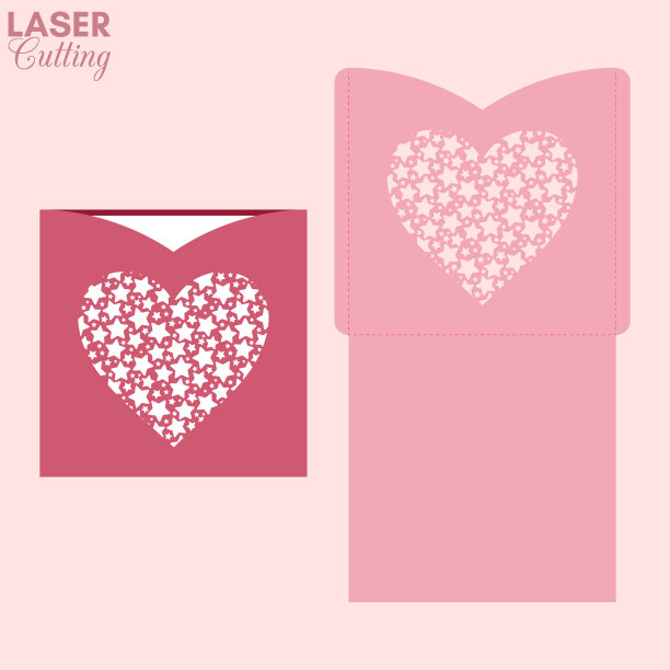 激光切口袋信封与星星图案的心。切割的模板。婚礼邀请或情人节贺卡模型与花边心。图片下载
