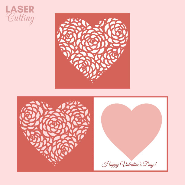 激光切割的折叠卡片模板与牡丹花图案的心宣传册，婚礼请柬或情人节贺卡。图片下载