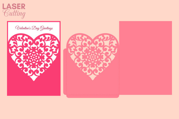激光切口袋信封与心形图案。切割的模板。婚礼邀请或情人节贺卡模型与花边心。图片下载