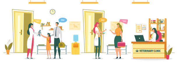 兽医诊所接待访客与宠物。图片下载