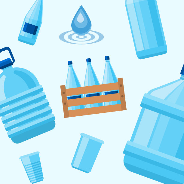 塑料蓝色饮水瓶和杯子矢量图案。每图片下载