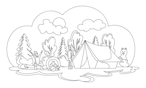 露营插图与夏季森林卡通风格。人们在森林里生火休息。野营帐篷。矢量插图在素描风格图片下载