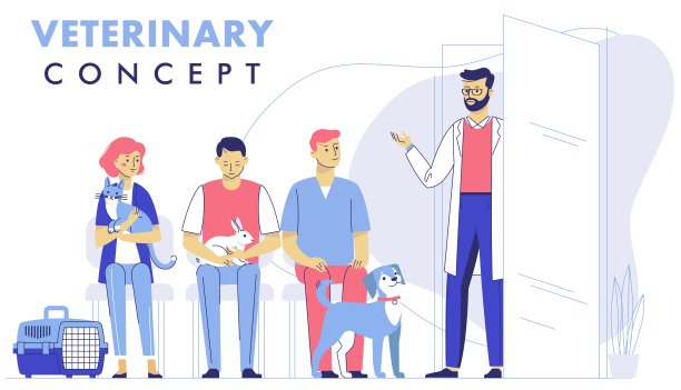 兽医概念与动物病人和医生在接待兽医诊所。图片下载