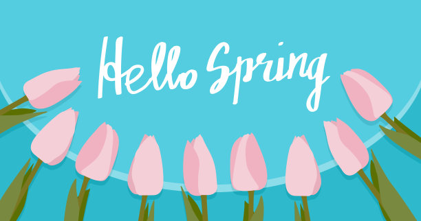 你好春天的文字与花在蓝色的背景图片下载