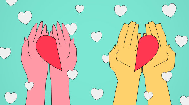 女性和男性的手提供一半的心，绿松石背景图片下载