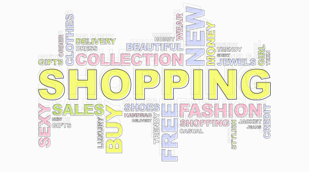 购物词云在白色背景与彩色的词，全景图片下载