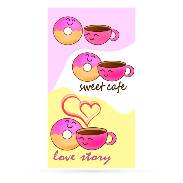 爱情故事，甜甜圈和咖啡。用心做食物。彩色贴纸。孩子手绘的情侣艺术线。矢量图例草图图片下载