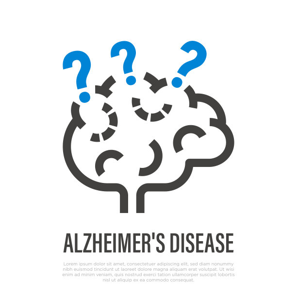阿尔茨海默病:带着问号的大脑。痴呆细线图标。医疗保健和医学媒介插图。图片下载