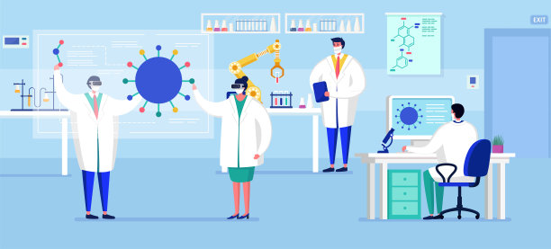 实验室冠状病毒疫苗抗病毒生物学研究抗病毒医生载体说明。实验室里的科学家，配备实验室设备的化学研究人员素材图片
