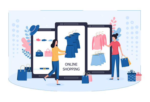 在网上服装店购物：年轻女人通过智能手机在网上订购时尚连衣裙、裙子、衬衫。扁平矢量图，隔离在白色背景上。素材图片
