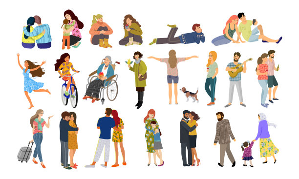 白色背景下隔离的人群：不同环境下的男女大群体扁平卡通矢量图片下载