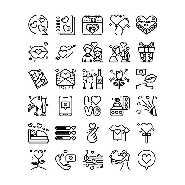 爱情故事在情人节轮廓图标设置，矢量和插图图片下载