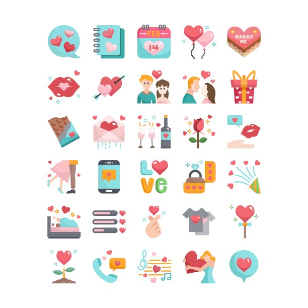 爱情故事在情人节平面设计图标集，矢量和插图图片下载