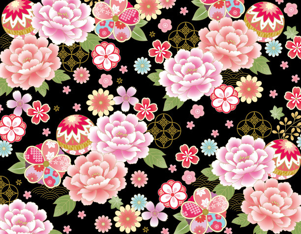 日本艳丽的粉红色花朵图案黑色图片下载