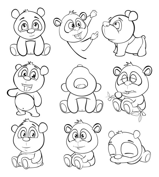 卡通熊猫角色矢量插画（可用于设计和电脑游戏，着色书轮廓套装）图片下载