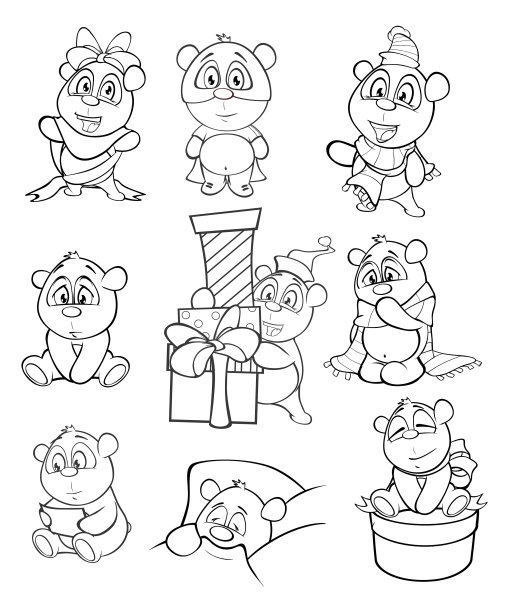 卡通熊猫角色矢量插画（可用于设计和电脑游戏，着色书轮廓套装）图片下载