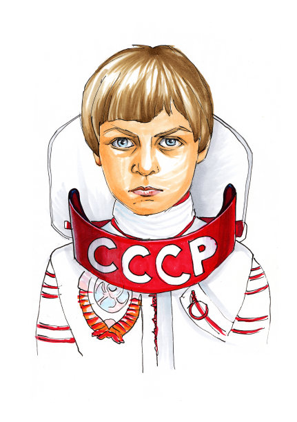 一个穿着苏联宇航员服装的男孩被孤立在白色背景下。图片下载