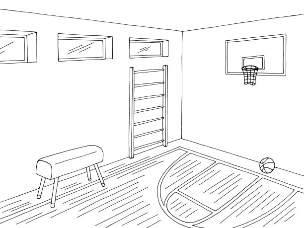 体育馆学校体育馆室内图形黑白草图插图矢量图片下载