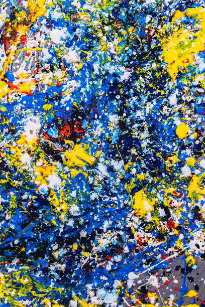 抽象表现主义。画面采用滴画技法。混合不同的颜色红，黄，蓝，白，黑。垂直方向。图片下载