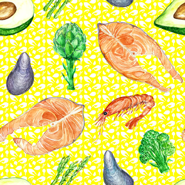 蔬菜海鲜无缝图案，黄色背景水彩插图图片下载