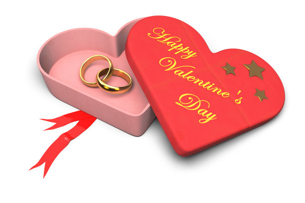 3d渲染心形盒子和里面的结婚戒指，情人节的概念图片下载