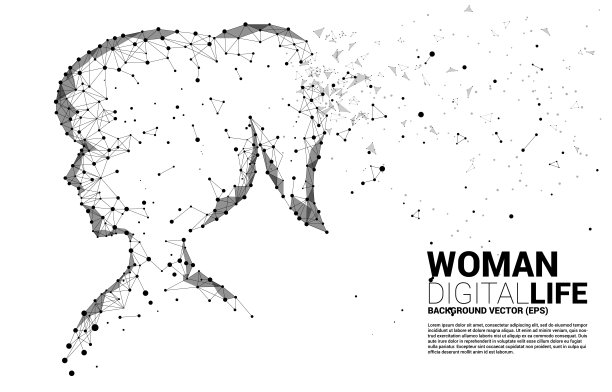 矢量剪影的女人头从点连接线多边形。图片下载