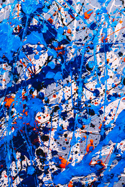 画面采用滴画技法。混合不同的颜色，蓝，红，白，黑。五彩缤纷。纹和斑点。垂直方向。图片下载