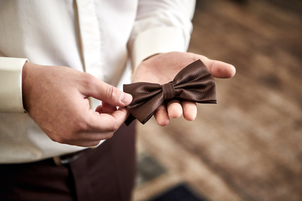 商人戴上蝶形领结，男人穿上蝴蝶装，新郎在早上准备结婚仪式。男人的时尚图片下载