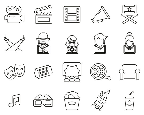 电影或电影行业的标志黑与白细线设置大图片下载