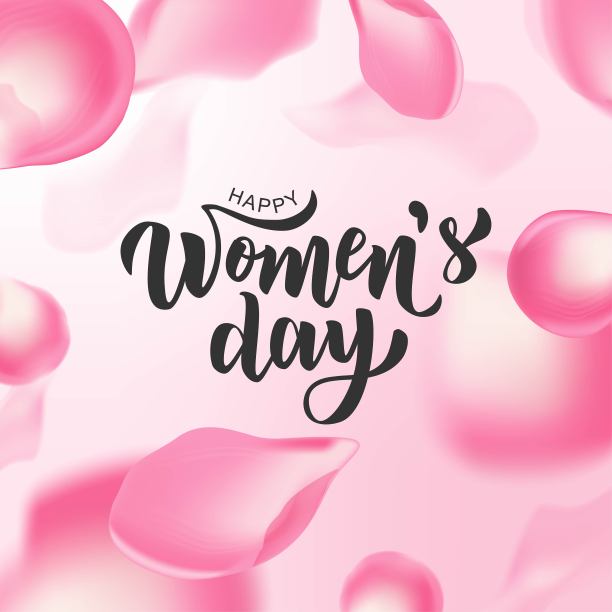 妇女节快乐手写文字与现实的玫瑰花瓣。矢量插图。8 .三月问候书法设计。海报，卡片，横幅的模板。图片下载