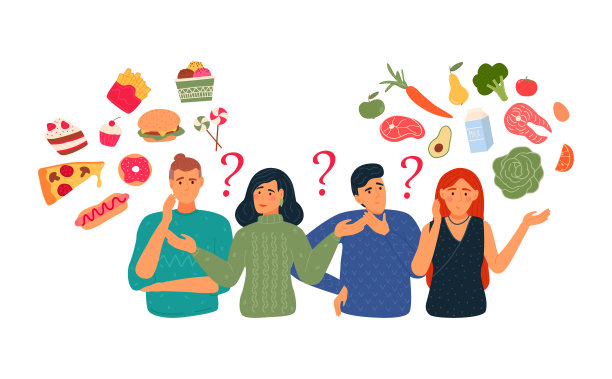 人们在快餐和健康、活泼的食物之间选择。饮食的概念。人们有均衡的饮食，菜单，饮食。平面向量插图图片下载