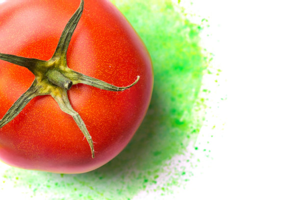 成熟多汁的红色番茄上手绘绿色黄色水彩背景。创意美食艺术海报图片下载