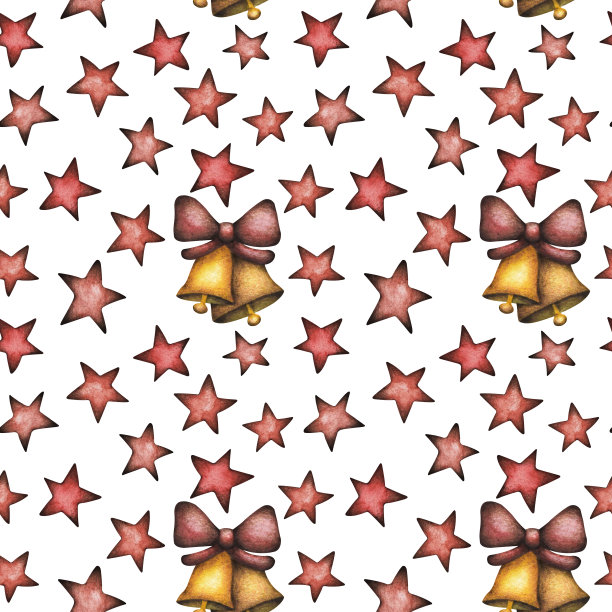 图案有红色的星星和黄色的铃铛和蝴蝶结。图片下载