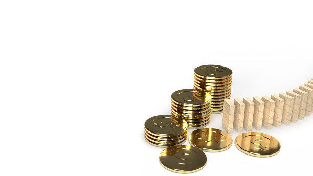 木材多米诺和金币3d渲染抽象图像的业务内容。图片下载