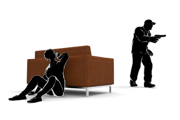 有手枪的强盗。一个藏起来的女人。叫警察。三维演示图片下载