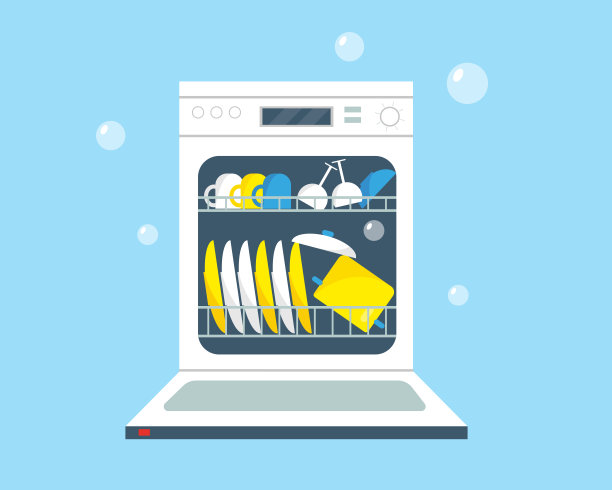开放式洗碗机与干净的盘子。厨房设备图标矢量插图。图片下载