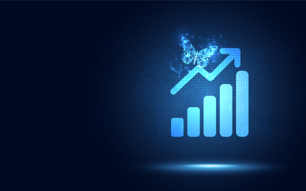 未来的上升箭头与条形图和蝴蝶。数字转换的抽象技术背景。大数据和商业增长货币、股票市场和投资经济的概念图片下载