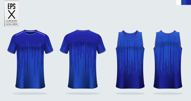 蓝色t恤运动模型模板设计的足球运动衫，足球工具包。篮球运动衫和跑步背心背心。运动服的正面和背面。图片下载