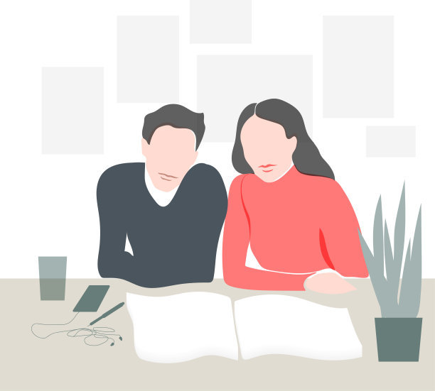 两个学生坐在桌子旁一起学习。现代设计，色彩柔和。图片下载